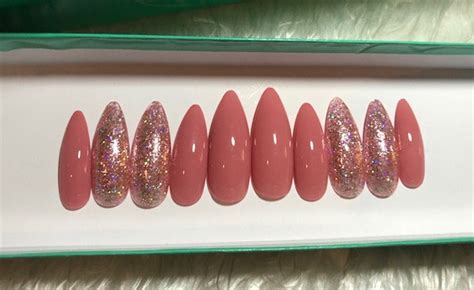 Nude Pink Glitter Press On Nail Set Glue On Holographic Sparkle Etsy