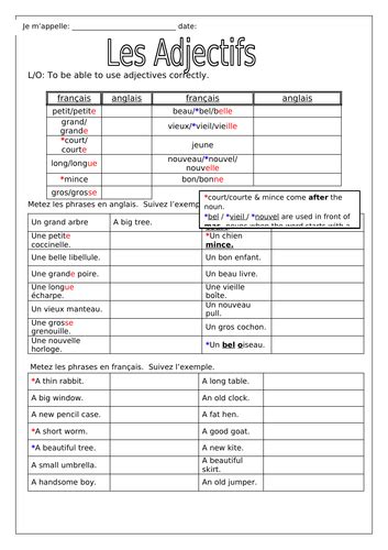 French Adjectives Les Adjectifs B A N G S Worksheets Teaching Resources