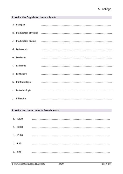 Revision Worksheet School Ks French Teaching Resource Teachit