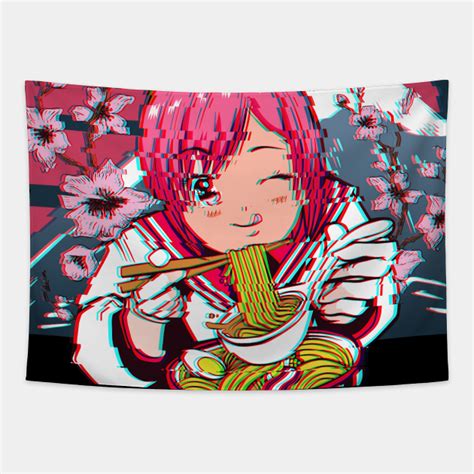 Waifu Anime Girl Ramen Vaporwave Sakura Blossom Vaporwave Anime Tapestry Teepublic