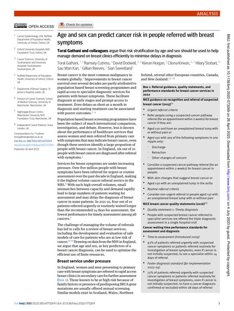 Pdf Age And Sex Can Predict Cancer Risk In People Referred With Breast Symptoms