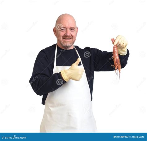 Fischhändler Mit Garnelen Auf Weiß Stockbild Bild von system