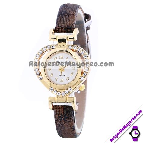 Reloj Cafe Extensible Piel Sintetica Caratula Corazon Con Diamantes