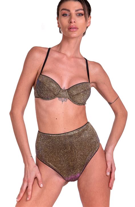 Bikini Balconette Slip rétro avec armature En iridescent Glitter Taille S Couleur Jaune Slip