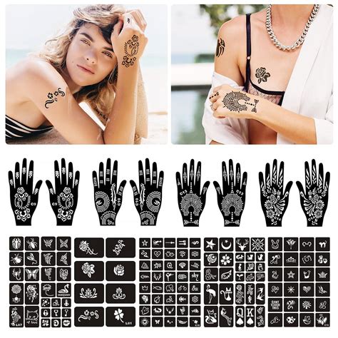 24 Sheets Henna Tattoo Stencil Kit 280 Reusable Indian Glitter