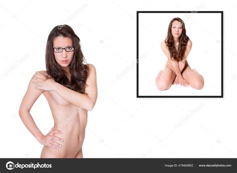 Attractive Brunette Model Wearing Black Glasses Front Nude Photo Herself Stock Photo