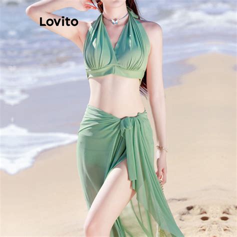 Lovito Women Elegant Plain Lace Up Pleated Bikini Sets LNE Shopee Philippines