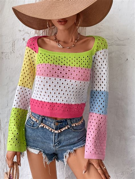 Color Block Raglan Sleeve Pointelle Knit Sweater Shein Usa