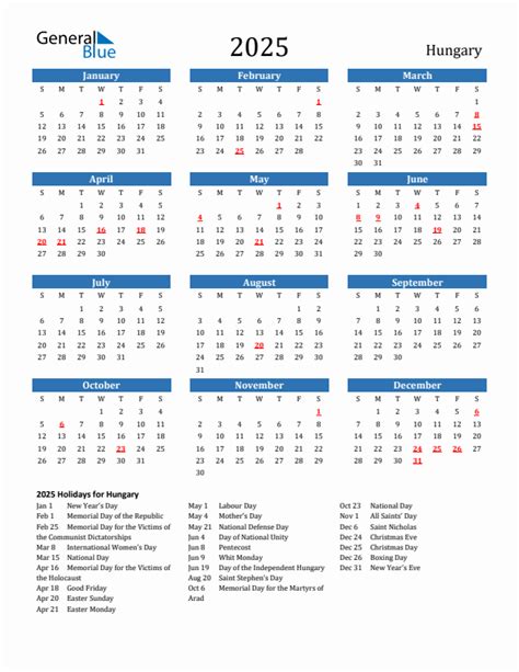 2025 Hungary Calendar with Holidays