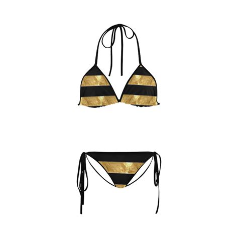 Black Gold Stripes Custom Bikini Swimsuit ID D316390