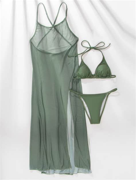 SHEIN Swim Summer Beach Sheer Bikini Set Triangle Bra Thong Bottom Cover Up Dress SHEIN