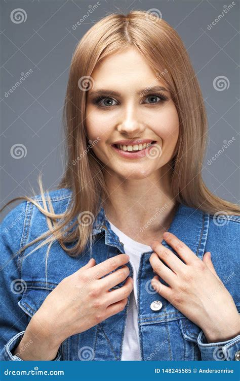 Beautiful Blonde Woman Dressed In A Denim Jacket Stock Image Image Of Fashion People 148245585