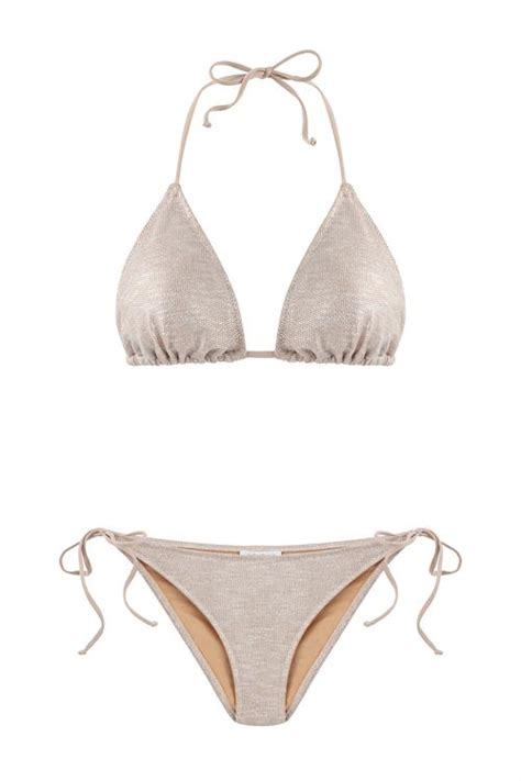 Dokulu Parlak Nude Üçgen Bikini Takım