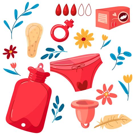 Set Of Panties A Menstrual Cup A Hot Water Bottle A Pad A Feather With Flowers And Branches