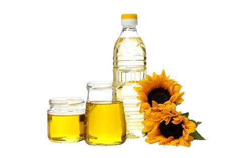 Aceite de PNG en frascos de vidrio y botellas de plástico y girasoles