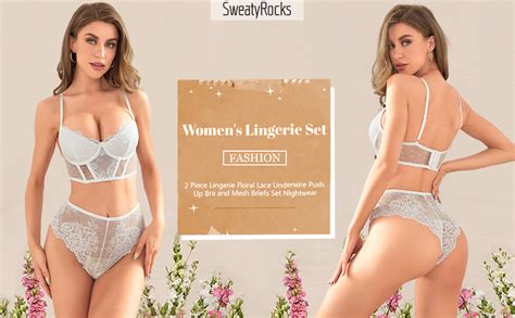 Sweatyrocks Women S Piece Lingerie Floral Lace Underwire Push Up Bra And Mesh Briefs Set