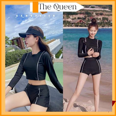 Bikini đi biển kín đáo đồ bơi nữ quần đùi áo tắm tay dài cổ tròn chống nắng phối đường kẻ trắng