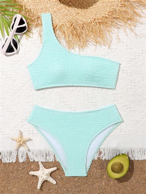 Conjunto De Bikini De Un Hombro Liso Para Ni A Preadolescente Playa De Verano Moda De Mujer