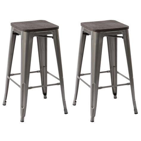 Homy Casa Zolnes 29 In Silver Backless Metal Frame Bar Stool With Solid Wood Seat Set Of