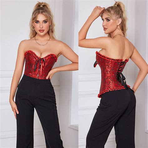 Women Lace Up Boned Bustier Corset Overbust Burlesque Top Lingerie Waist Cincher Ebay