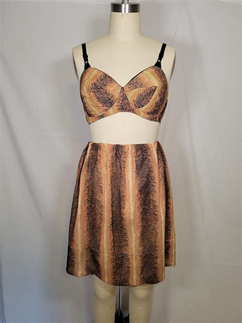 Vintage S Lingerie Set Feather Print Bra Slip Skirt Girdle And Bloomer Size B Formfit