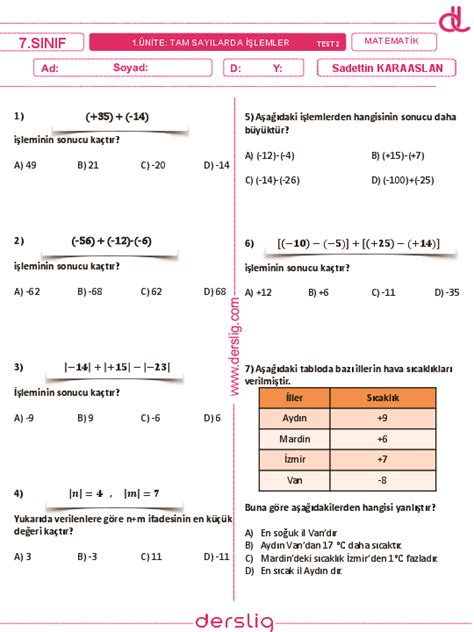 S N F Matematik Tam Say Lar Kazan M Kontrol Testi Sadettin