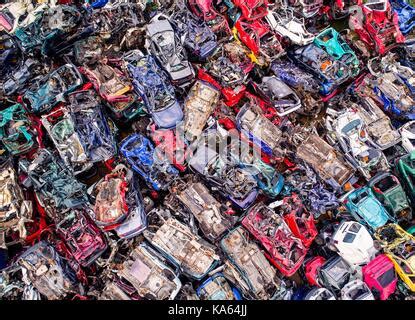 Destroyed Scrapped Cars Stacked On A Scrap Yard Car Recycling Stock