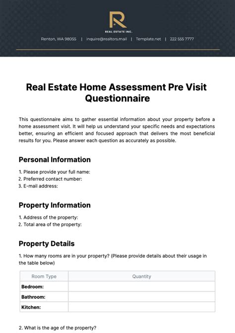 Free Real Estate Home Assessment Pre Visit Questionnaire Template to