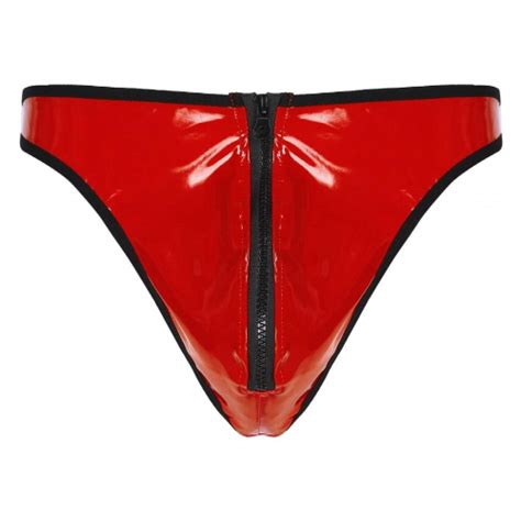Mens Underwear Sexy G String Thongs Male Lingerie Wet Look Leather Zipper Pouch Thong Bikini