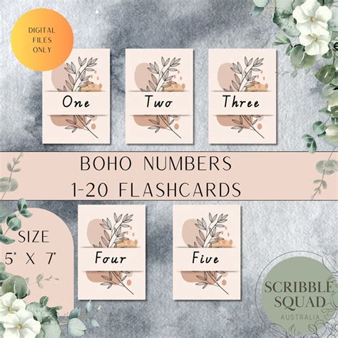 Boho Number Word Form Flashcards Educational 1 20 Cards Learning Games