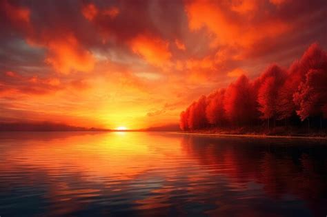 Premium Ai Image Sunset Over The Lake Beautiful Nature Background