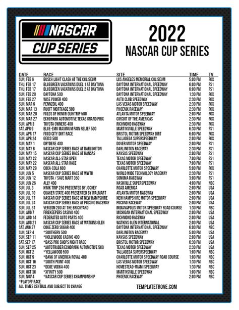 Printable 2022 NASCAR Schedule