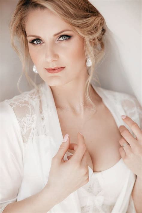 Beautiful Blonde Bride With Stylish Make Up In White Dress Morning Bride Stock Image Image Of