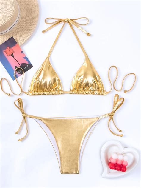 Summer Beach Metallic Triangle Tie Side Bikini Set SHEIN USA