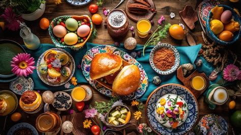 Una Mesa Llena De Comida Que Incluye Pan Huevos Y Fruta Foto Premium