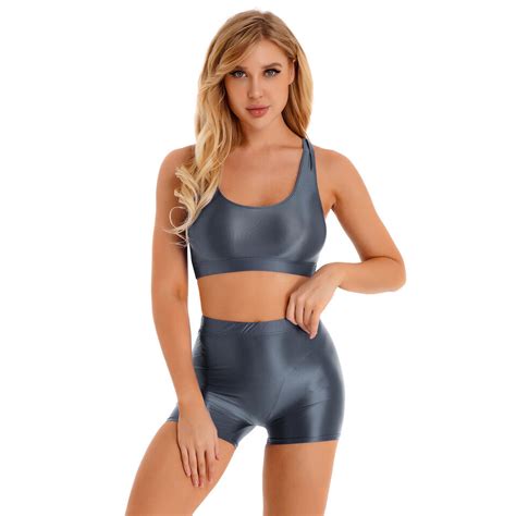 Womens Bikini Swimsuit Sleeveless Glossy Crop Tank Tops Shorts Set Swimwear EBay