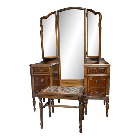 Early 20th Century Antique Vanity Desk With Trifold Mirror And Cane