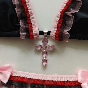 Pastel Goth Bikini Black Scrunch Bottom Brazilian Swimsuit Red Pink Ruffle Bows Gemstone Cross