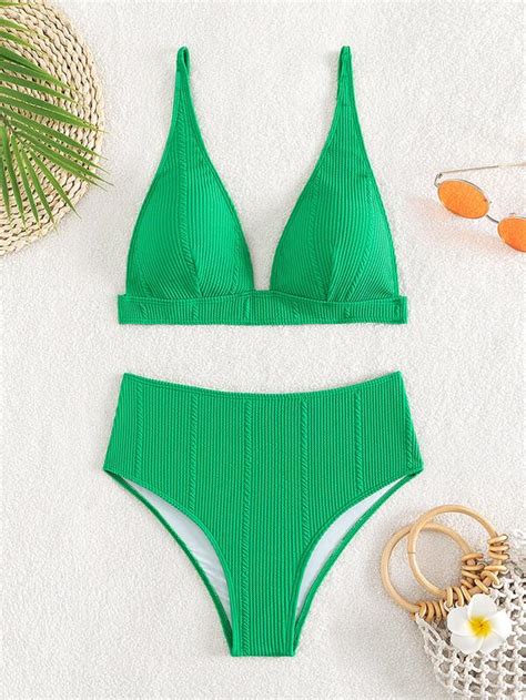 SHEIN Swim Basics Conjunto De Bikini Acanalado Sujetador Sin Mangas Y
