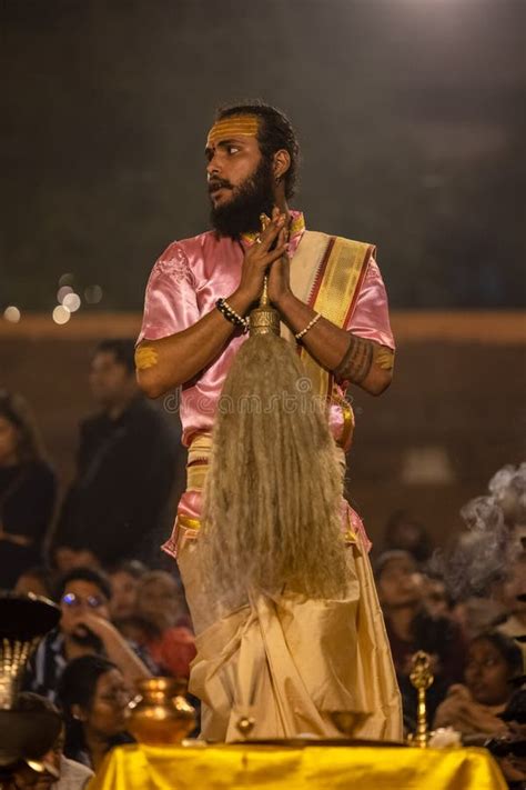 Holy Hindu Priest Performing Ganga Aarti At Dasaswamedh Ghat In