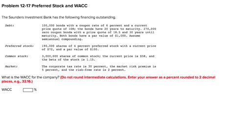 solved problem   preferred stock  wacc  saunders cheggcom