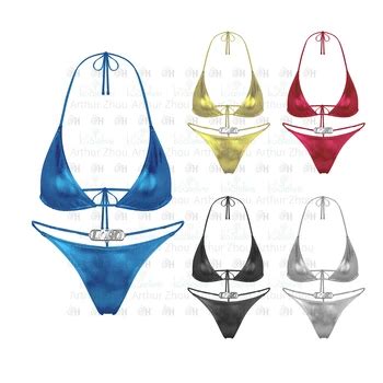 Custom Women Bikini Swimwear With Metal Logo Shiny Sexy Glitter Silver Gold String Bikini
