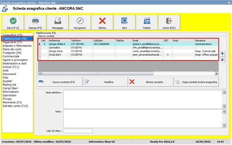 Telefono Note Scheda Anagrafica Ready Pro Manuale Utente