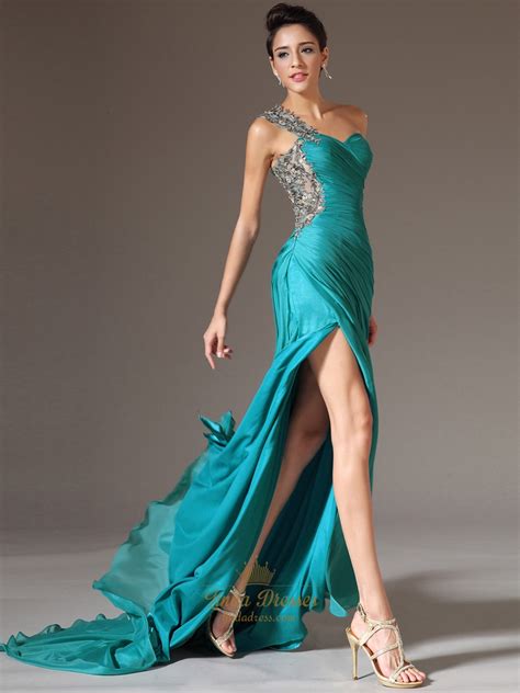 Turquoise One Shoulder Applique Ruching Chiffon Prom Dress With Slits Linda Dress