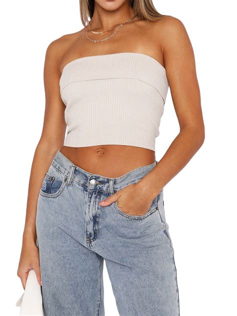 Yilvust Women Sexy Knitted Strapless Tube Top Twist Front Hollow Crop