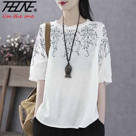 Thhone Women Blouse Plus Size Cotton And Linen Embroidery Blouses