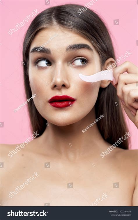 Pink Background Dark Hair Naked Shoulders Stock Photo Shutterstock