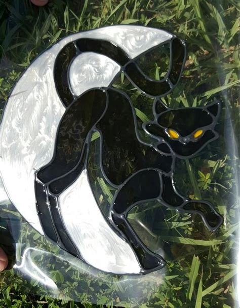 Half Moon Spooky Black Cat Stained Glass Window Cling Etsy