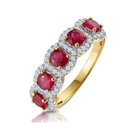 Shop Yellow Gold Ruby And Diamond Halo 5 Stone Asteria Ring In 18K Gold