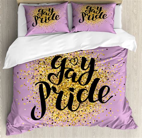 Pride Duvet Cover Set King Size Lovely Golden Yellow Tones Dots On Lilac With Cursive Gay Pride